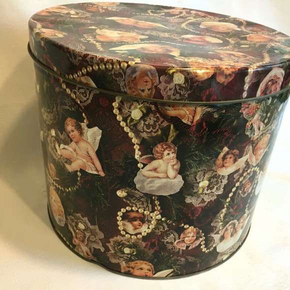 Victorian Design Cherub Metal Tin Container Large Vintage Collectible 10” x  8” - Picture 2 of 11